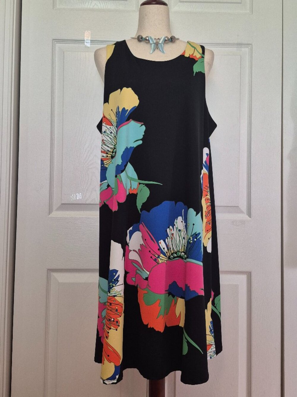 Pretty Bold Floral A-line Shift Dress sz 16 Summer Stretch